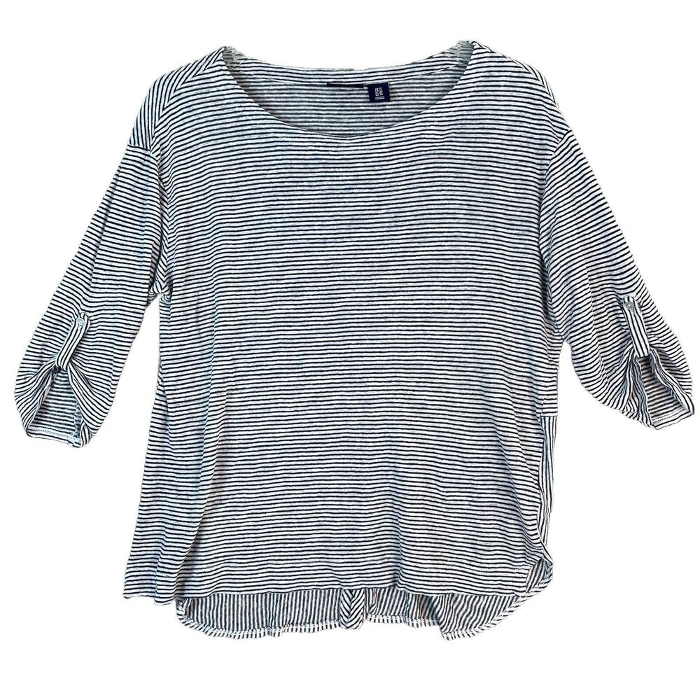 Adrienne Vittadini 100% Linen Shirt Navy White Stripes 3/4 Sleeve XL Nautical